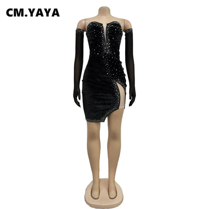 CM.YAYA Women Diamonds Hot Rhinestones Velvet Ruched Side Split Bodycon Midi Dress with Cuff 2024 Sexy Party Dresses Vestidos