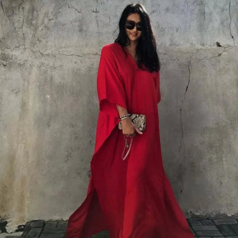 Back To Simple Maxi Dress Flowing Summer Long Kaftan Solid Color Red Batwing Caftan Tunic Minimalism Rayon Longewear Plus Free