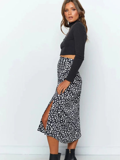 2024 New Sexy Leopard Print Chiffon Split Skirt Casual Fashion Long Skirts for Women Spring Summer Zip Elegant Female Skirt