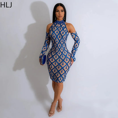 HLJ Fashion Mesh Perspective Sequin Bodycon Party Dresses Women O Neck Sleeveless Slim Vestidos Sexy With Sleeve Glove Clothing