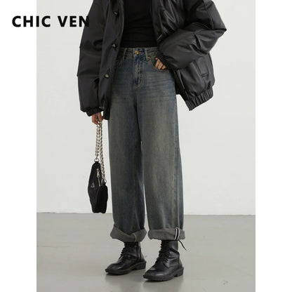 CHIC VEN Women's Jeans Casual Streetwear Vintage High Waist Washed Female Denim Pant Woman Wide Leg Trousers Autumn Winter 2023