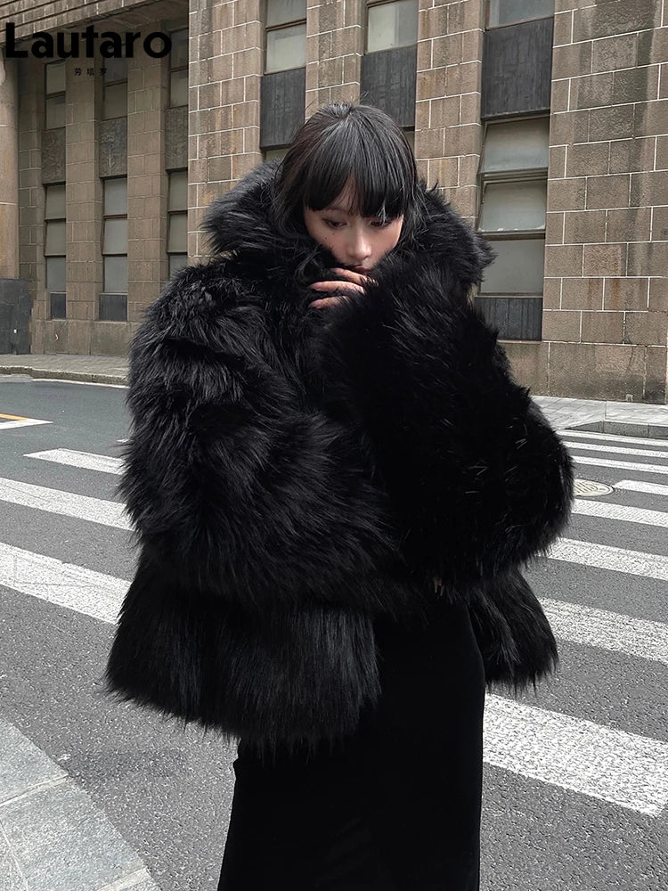 Lautaro Winter Cool Oversized Casual Soft Thick Warm Black Hariy Shaggy Faux Fur Coat Women Turn-down Collar Fluffy Jacket 2023