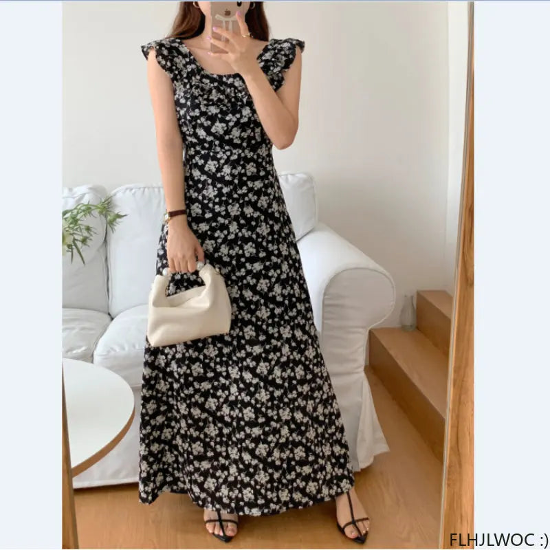 Hot  Sales Holiday Honeymoon Sweet 2023 Women Flare Sleeve Japan Girls Cute Floral Retro Vintage Date Ruffles Long Maxi Dress