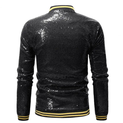 Men Jacket Sequin Stage Show Dance Performance Coat for Men with Stand Collar Shiny Long Sleeves Slim Fit Zipper Closure Mid