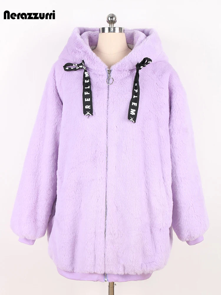 Nerazzurri Autumn Winter Sweet Cute Kawaii Soft Thick Warm Faux Fur Coat Women with Bunny Ears Cute Fluffy Jacket Hoodie 2024