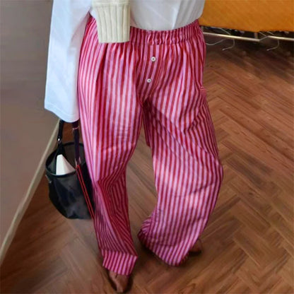 Lamuusaa y2kPants Women Clothes Solid Color/Striped Elastic Waist Wide Leg Loose Trousers with Buttons Decor 2000s Streetwear