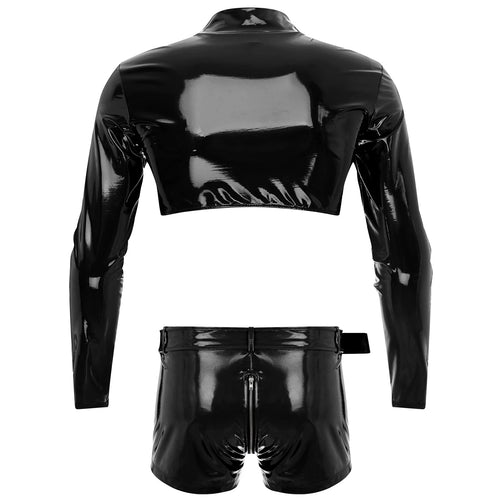 Men's Wet Look Patent Leather Rave Dance Outfit Party Clothes Long Sleeve Zipper Crop Top and Zip Crotch Shorts Set Clubwear