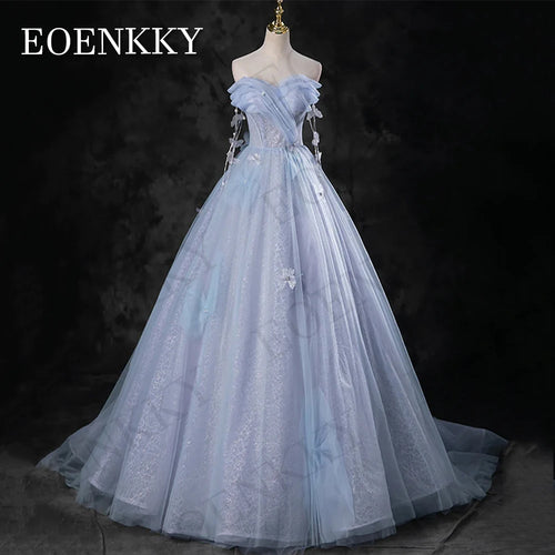 Blue Off Shoulder Princess Prom Dress Sparkly Beading Celebrity A Line Pearls Birthday 3D Flowers Evening Gown вечернее платье