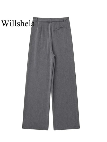 Willshela Women Fashion Solid Front Zipper Straight Pants Vintage High Waist Full Length Female Chic Lady Trousers