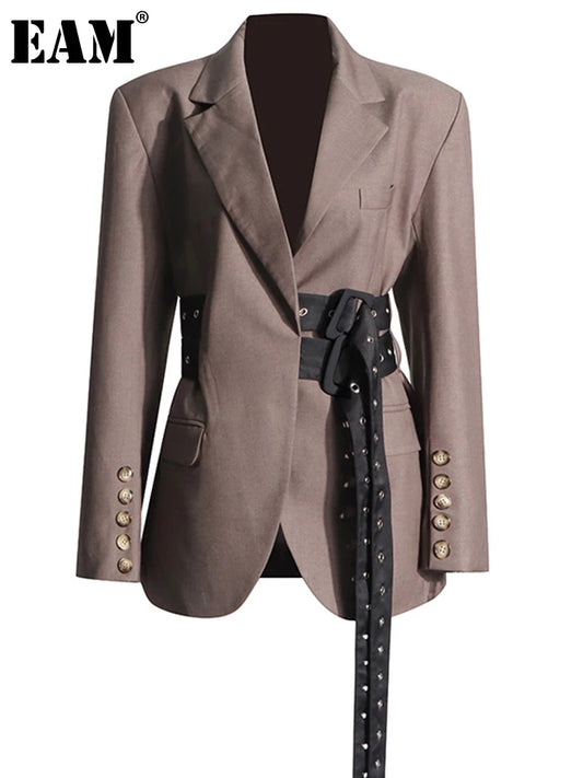 EAM Brown Asymmetric Belted Buckle Blazer Women New Lapel Long Sleeve Loose Fit Jacket Fashion Tide Spring Autumn 2024 30A0015