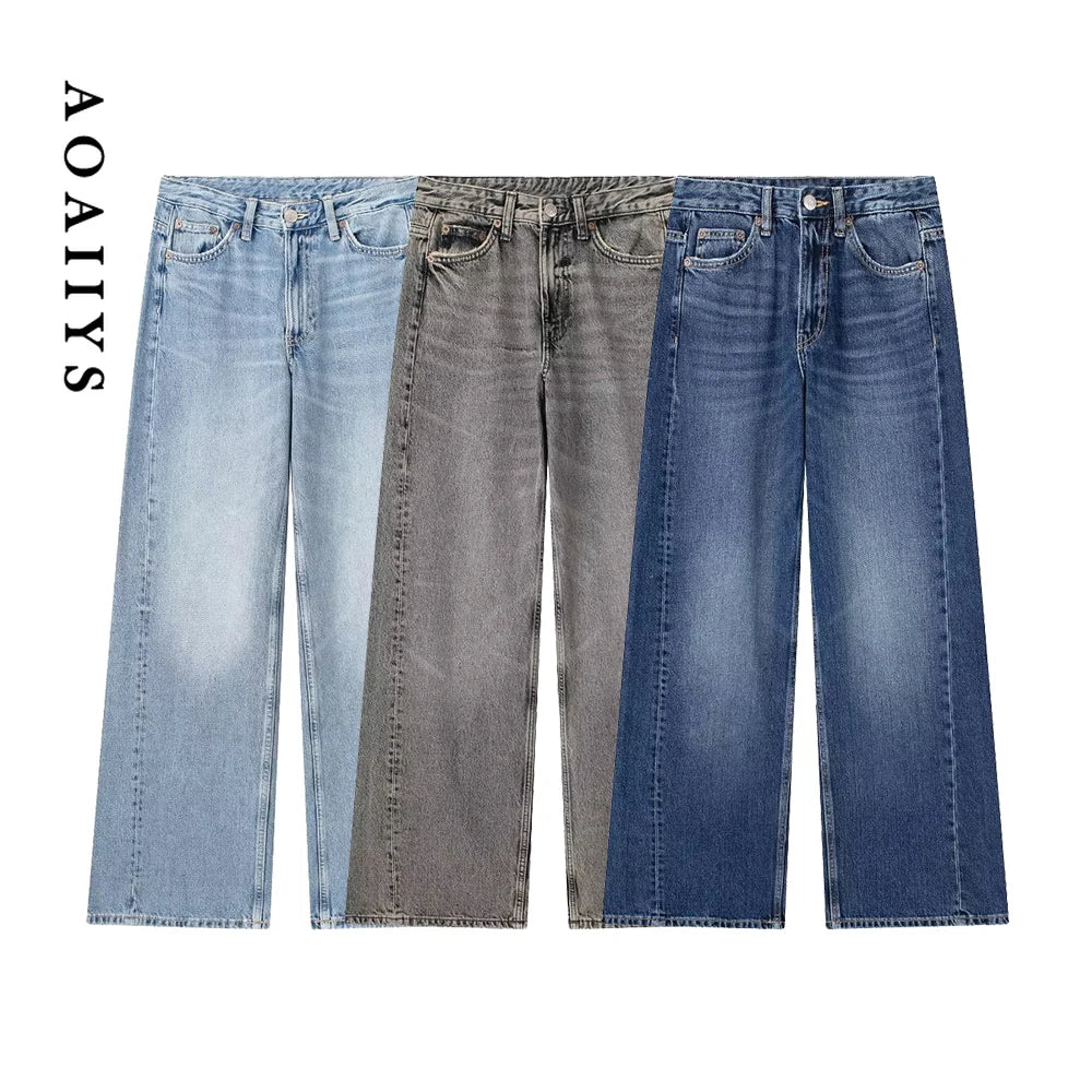 Aoaiiys Blue Baggy Jeans for Women Fashion Ripped Denim Pants High Waist Wide Leg Trousers Harajuku Streetwear 2024 Basic Jeans