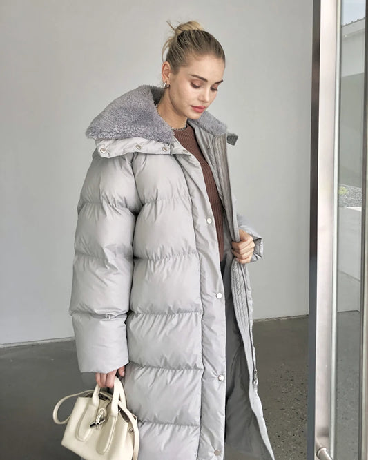 2024 Women Winter Fur Collar coat Stylish Thick Warm Long Parkas Black Ivory Grey