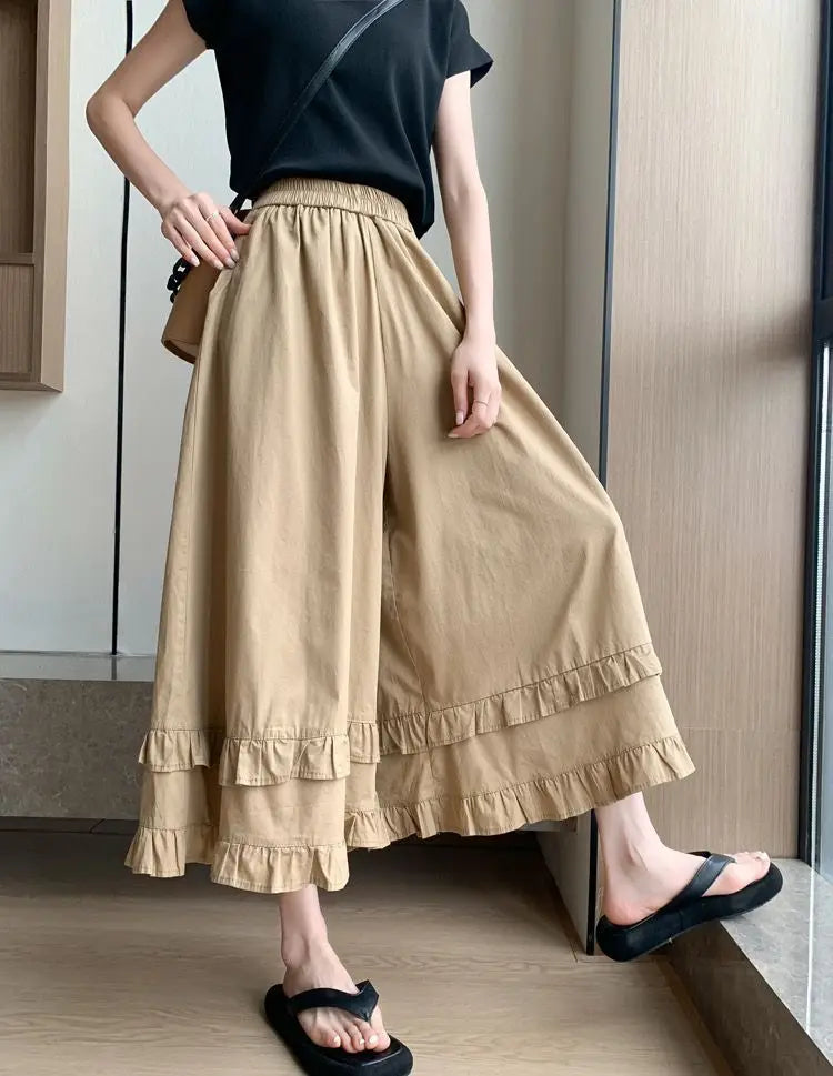 Summer cute casual high-waisted casual pants stitching lace design Mori sweet loose slim nine-minute wide leg pants