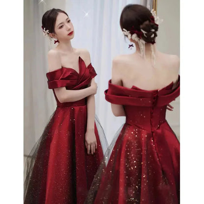 Women Summer Satin Toasting Gown Bride's High-end Feeling, Light Wedding Dress, Red One Shoulder Engagement, Thank-you Banquet