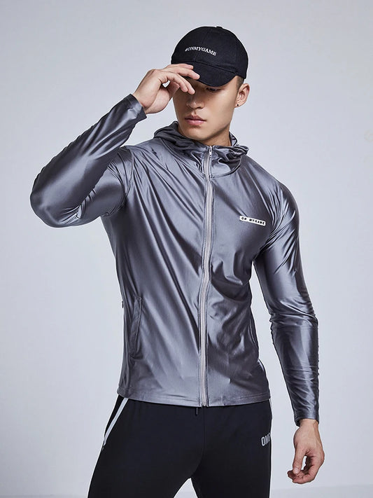 Glossy Silver Ice Silk Sports Jacket Top Zipper Men's Fitness Running Plus Size Long Sleeve T-shirt