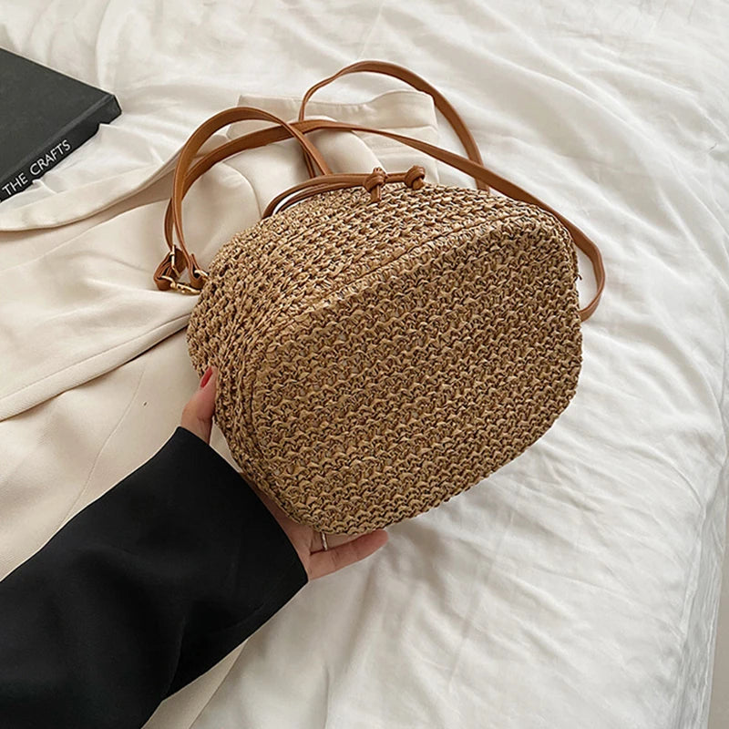 Woven Straw Bag Ladies Bucket Crossbody Bag Summer Beach Bag Retro Travel Shoulder Bags Small Travel Purse and Handbag For Women