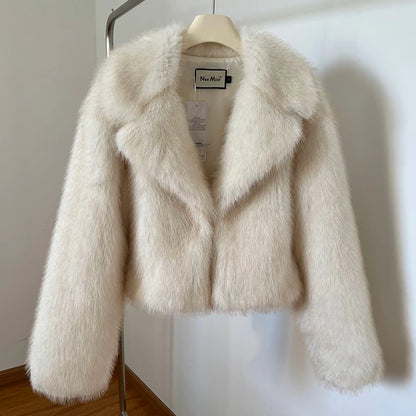 Gradient Cropped Fluffy Fur Jacket Women Coat 2023 Winter Chic Thicken Faux Fox Fur Outerwear Luxury Brand Runway Fashion Outfit