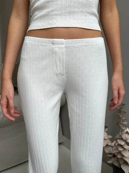 Women Eyelet White Casual Straight Pants Summer Three Button Cotton High Waist Pajama Trousers Solid Simple Sweet Home Sweatpant