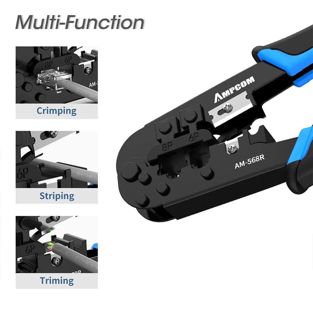 AMPCOM RJ45 Crimper RJ11 RJ45 Crimping Tool Ethernet Network LAN Cable Crimper Cutter Stripper Plier for 6P 8P RJ11 RJ12 RJ45