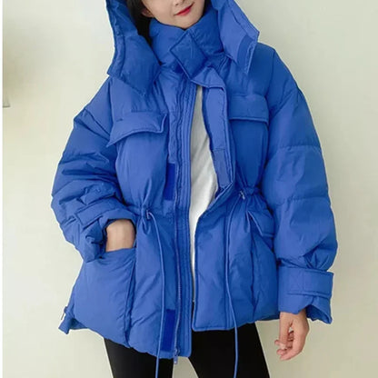 New Winter Hooded Parkas Warm Jacket Women's Down Cotton Coat Irregular Fluffy Bubble Drawstring Waist Loose Coat Cotton Coat