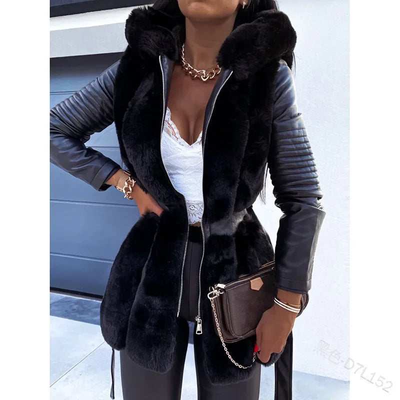 2024 Autumn Winter New Fur Coat Women with Belt Hooded Solid Color Zipper Jacket Coat Women's Clothing