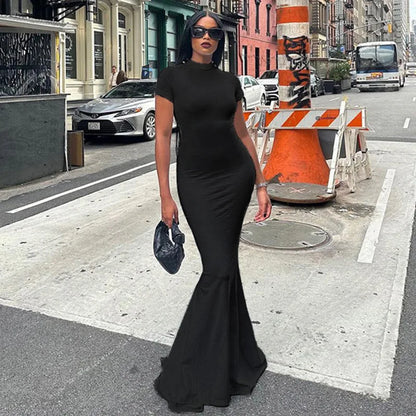 Women's Half HigH NeckliNe Short Sleeved TighT Fitting Solid Color Basic Style ElEgant And ElongatEd Fishtail Dress Long Skirt