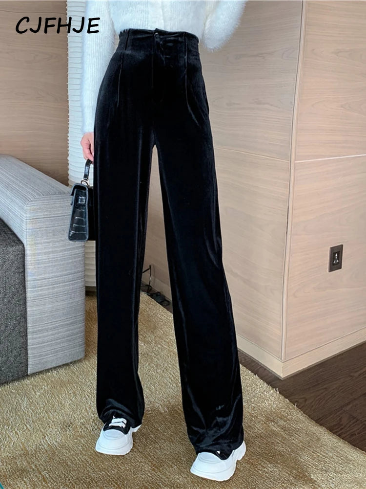 CJFHJE Winter Blue Velvet Elegant Pants Women Black Casual Korean Style Wide Leg Pants Loose Fashion High Waist Trousers Female