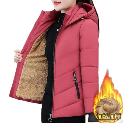 2023 New Women Add Velvet Cotton Jacket Female Winter Fleece Warm Hood Fashion Coat Ladies Down Padded Jackets M- 5XL Coat