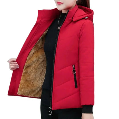 2023 New Women Add Velvet Cotton Jacket Female Winter Fleece Warm Hood Fashion Coat Ladies Down Padded Jackets M- 5XL Coat