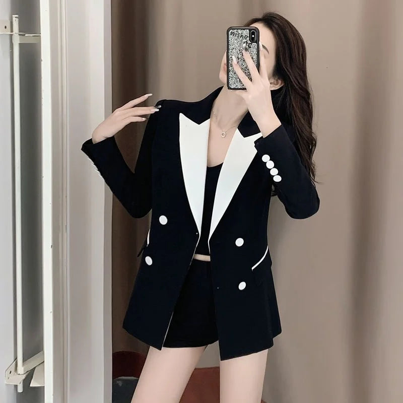 High-Quality Black Suit Jacket Women's 2022 Autumn Blazer Design Sense Of Contrast Color Lady Clothes Women's Trench Coat Spring