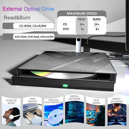 7-in-1 Multifunctional External Optical Drive CD DVD VCD Burner Player Luxury Portable Driver with USB3.0 USB-C SD TF Card Slots