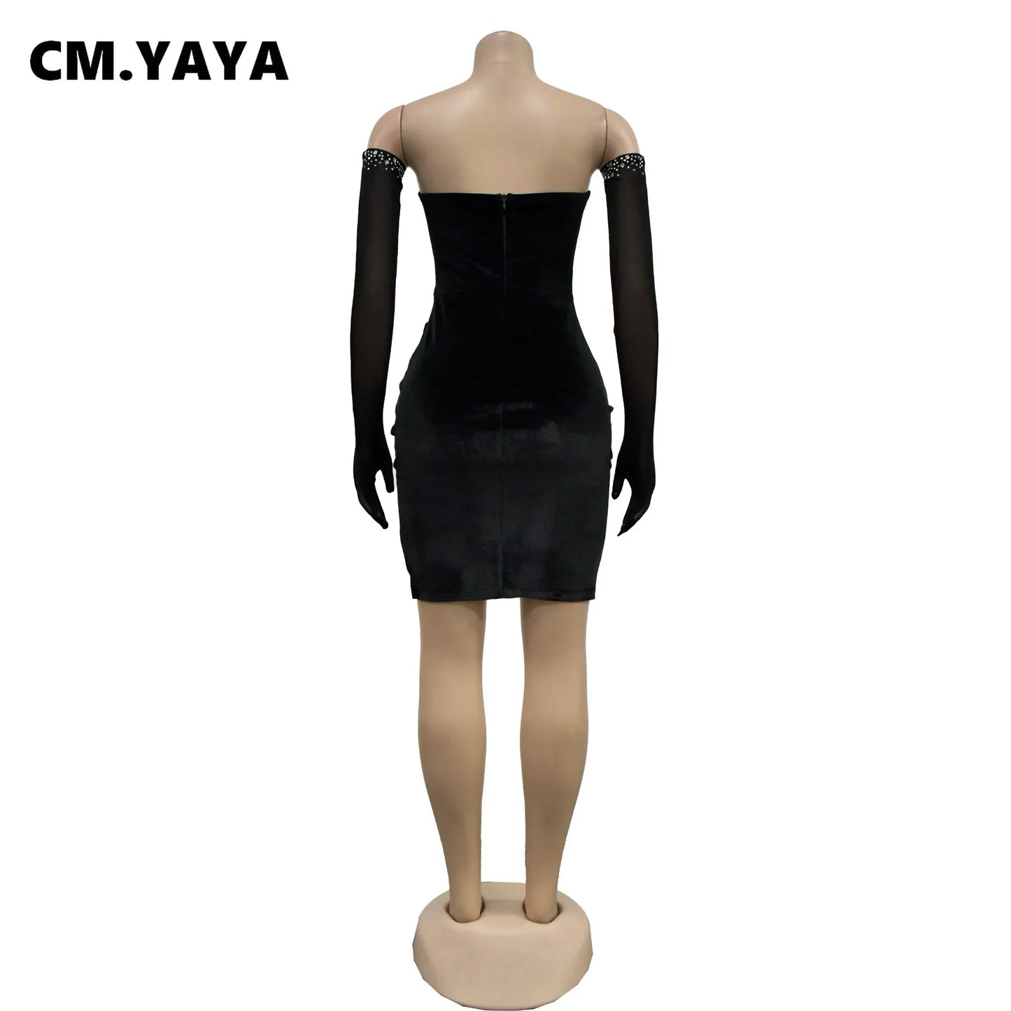 CM.YAYA Women Diamonds Hot Rhinestones Velvet Ruched Side Split Bodycon Midi Dress with Cuff 2024 Sexy Party Dresses Vestidos