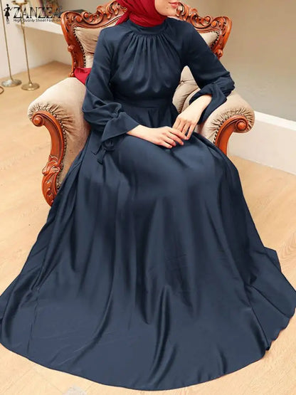 ZANZEA Elegant Satin Long Dresses Women Muslim Fashion Cinched Waist Hijab Islamic Abaya Robes 2024 Autumn Long Sleeve Vestidos