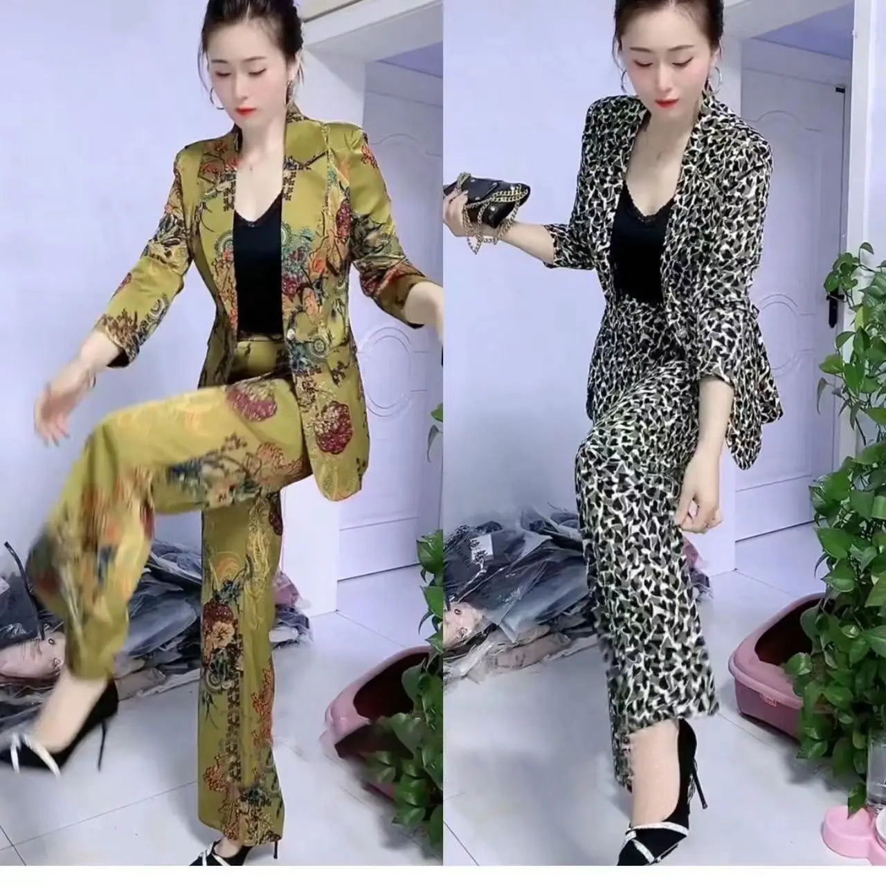 2023 Spring New Vintage Print Casual Jacket Wide Leg Pants Two-piece Elegant Women Pants Suit Office Manager Outfits