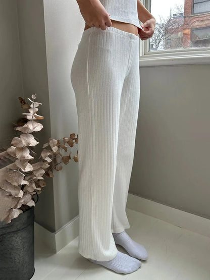 Women Eyelet White Casual Straight Pants Summer Three Button Cotton High Waist Pajama Trousers Solid Simple Sweet Home Sweatpant