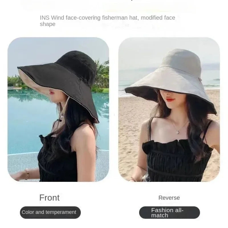 Wide Brim UPF 50+ Sun Hat Women Anti-UV Protection Hiking Fisherman Cap Fold Summer Solid Beach Hat 2024 Double Sided Sun Hat