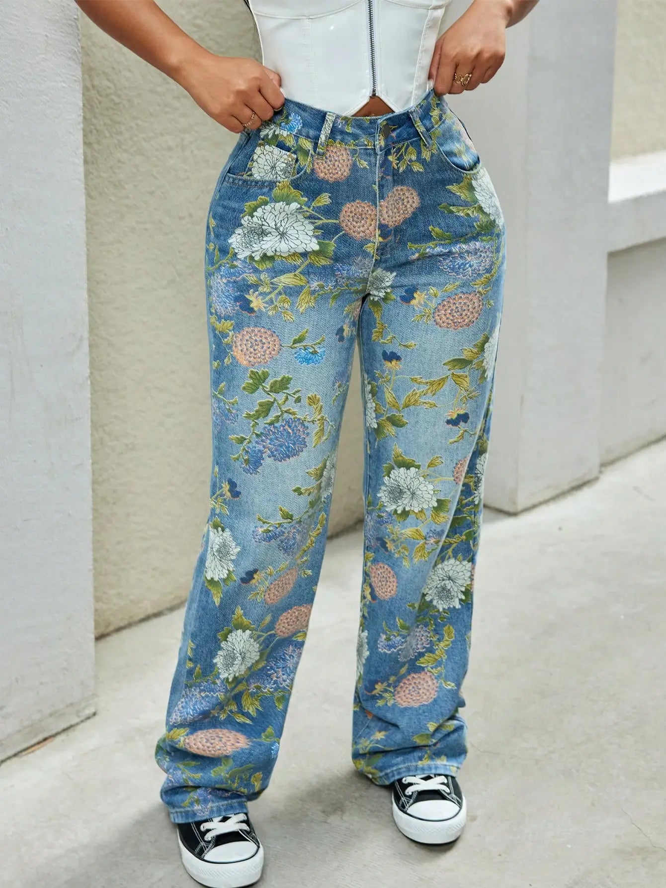 90s Vintage High Waist Floral Print Slant Pocket Baggy Loose Fit Wide Leg Cargo Jeans Country Festival Outfit