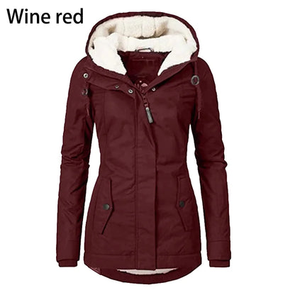 Fashion Women's Thickened Coat Warm Winter Solid Plush Thickened Long Jacket Outdoor Hiking Hooded Windproof Parka Coat