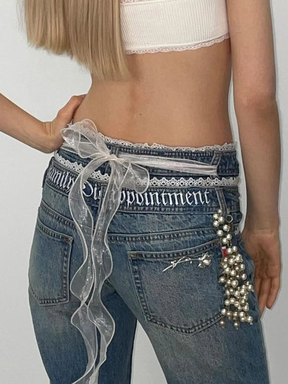 DEEPTOWN Korean Y2k Flare Jeans Women Low Waist Vintage Streetwear Letter Embroidery Lace Trim Denim Trousers Kpop 2000s Clothes