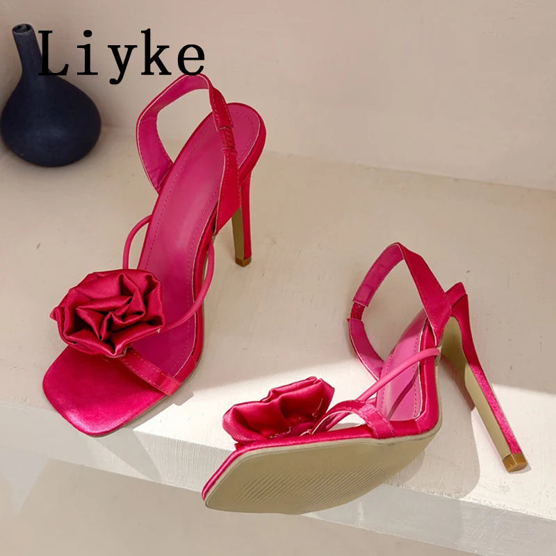 Liyke Summer Square Toe Slip On Back Strap Sandals Women Fashion Red Rose Flowers Designer High Heels Ladies Shoes Size 35-42