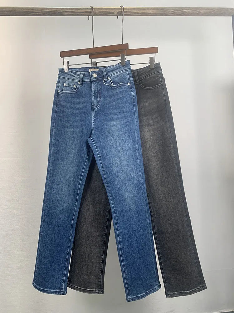 Women's High Street Straight Cropped Denim Pants High Waist Slim Stretch Solid Jeans