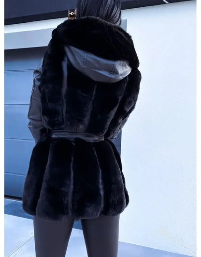 2024 Autumn Winter New Fur Coat Women with Belt Hooded Solid Color Zipper Jacket Coat Women's Clothing