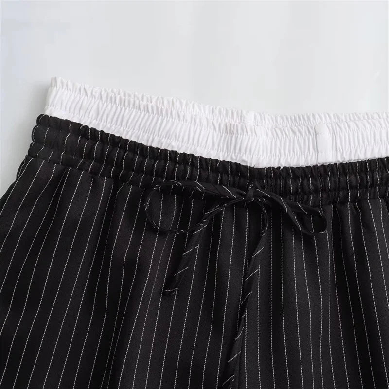 TRAF Striped Black Wide Leg Pants Women High Waist Baggy Pants Woman Fashion Casual Elastic Waist Women's Pants Summer Trousers