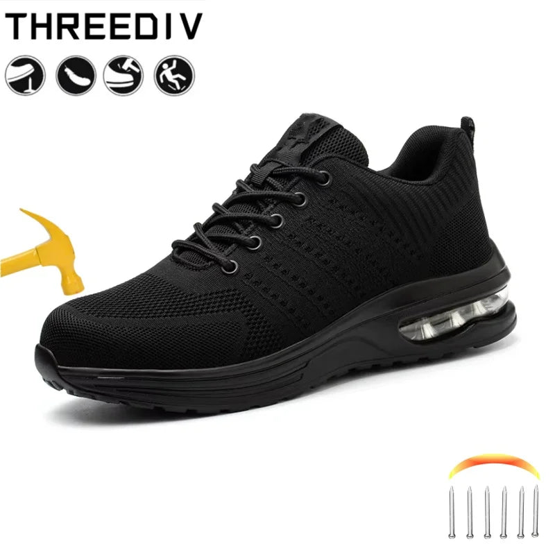 New Summer Men's Safety Tennis Boots Light Work Sneakers Steel Toe Black Safety Shoes Men for Work Industrial Safety Work Boots