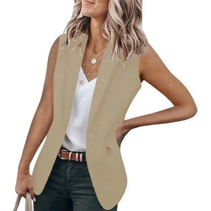 2023 Autumn New Style Sleeveless Solid Color Suit Collar Loose Cardigan Women's Wear