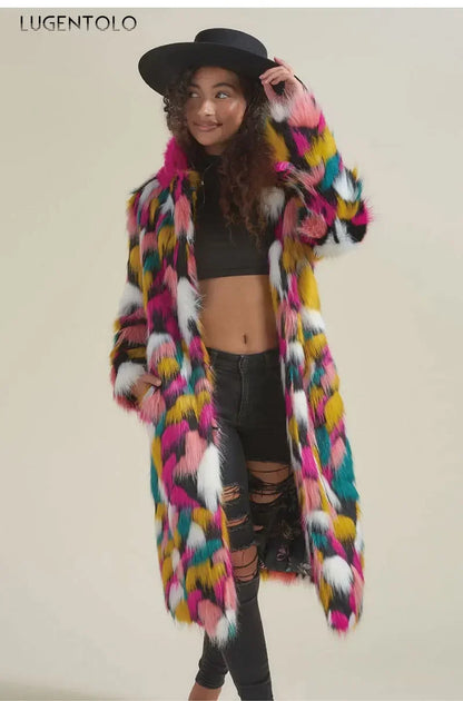 Women Faux Fur Long Coat Rainbow Colorful Fashion Faux Fox Fur Autumn Winter Female Casual Street Warm Quality 2023 Cloth