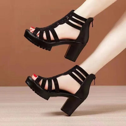 Summer Women's High Heel Shoes Rome Women's Peep Toe Platform Chunky Heel Gladiator Sandals Outdoor Zip Dress Party Heeled Shoes