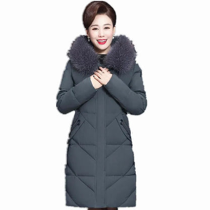 Solid Big Fur Collar Winter Jacket Women Hooded Thickened Cotton Warm Coats Lady Zipper Padded Jacket Mid-length Outwear Coats