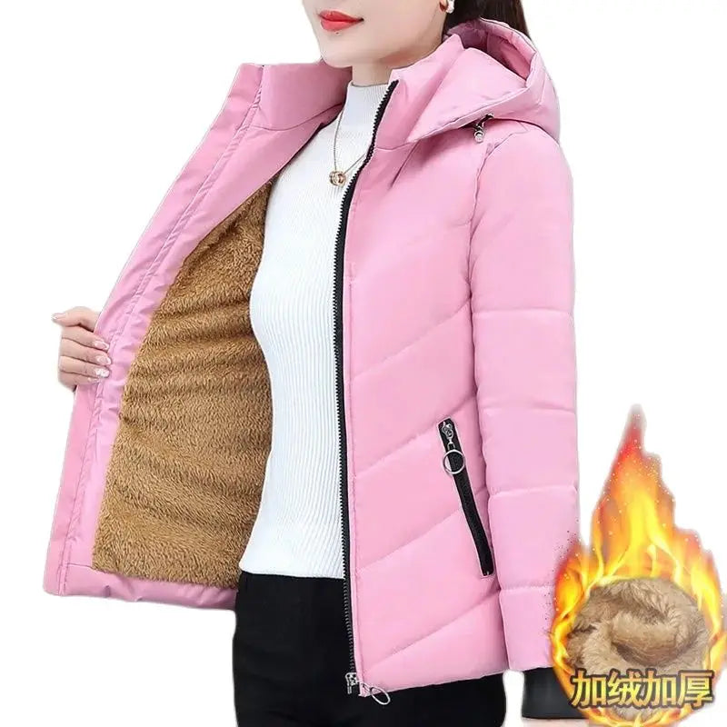 2023 New Women Add Velvet Cotton Jacket Female Winter Fleece Warm Hood Fashion Coat Ladies Down Padded Jackets M- 5XL Coat