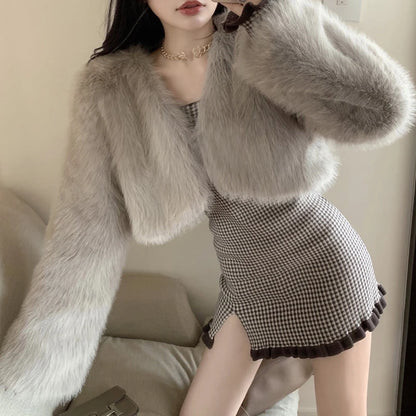 Korean Fashion Girls Fur Cardigan Short Cut Loose Long Sleeves Winter Warm Hot Sell Faux Fur Coat Solid Color Office Lady Jacket